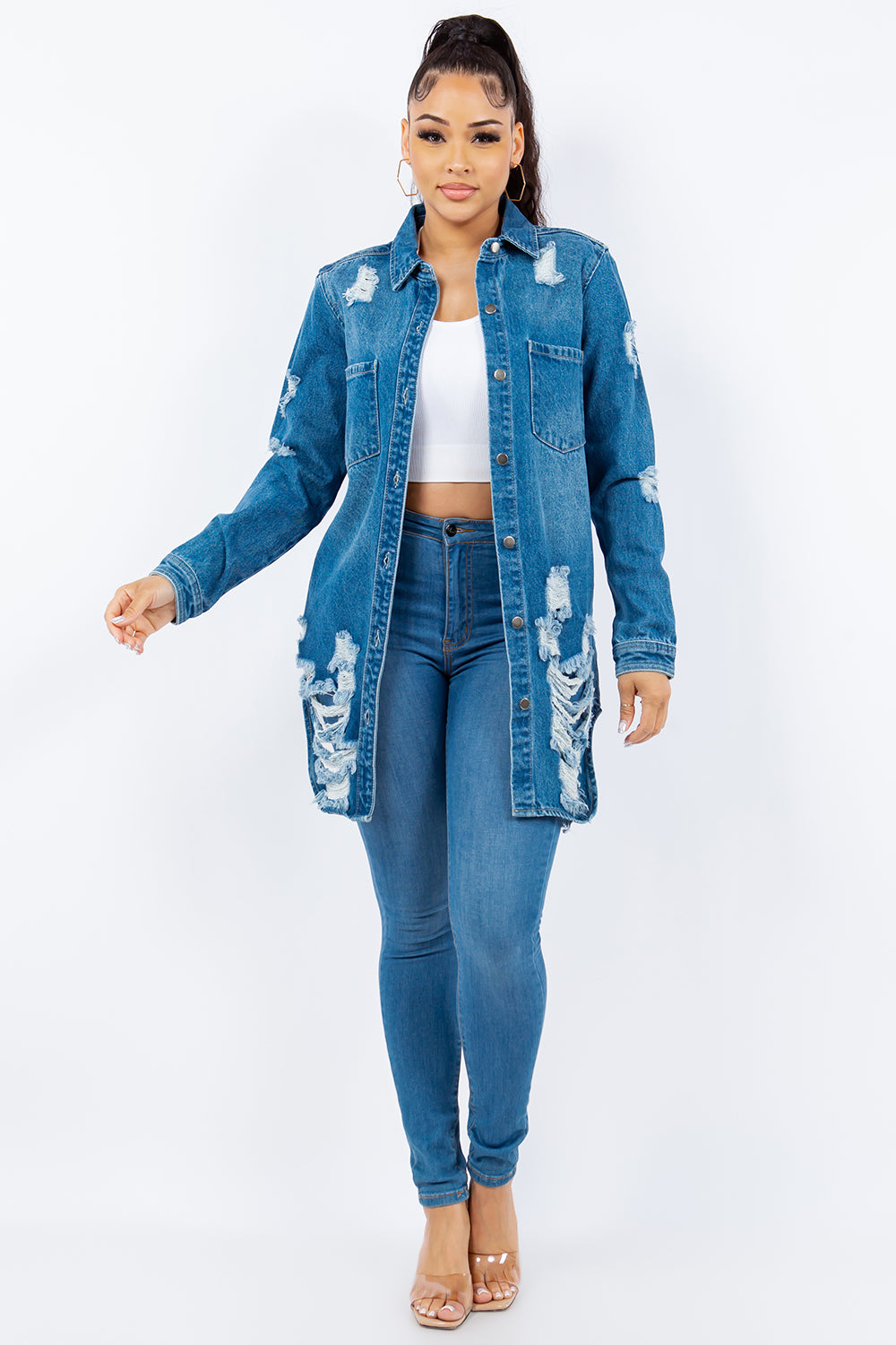 American Bazi Distressed Button Up Long Sleeve Denim Jacket-Bella Boutique Collective