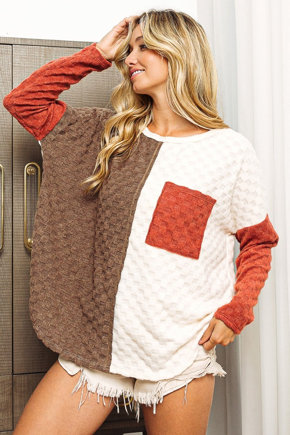 BiBi Color Block Brushed Checker Top-Bella Boutique Collective