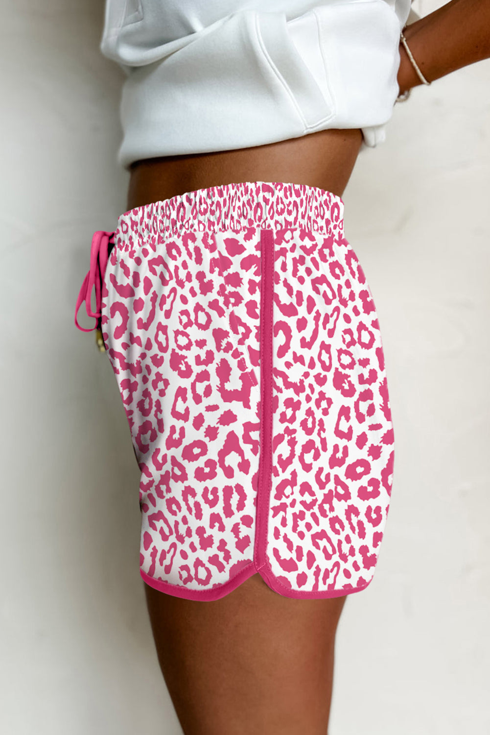 Pink Leopard Elastic Waist Lace up Contrast Trim Casual Shorts-Bella Boutique Collective