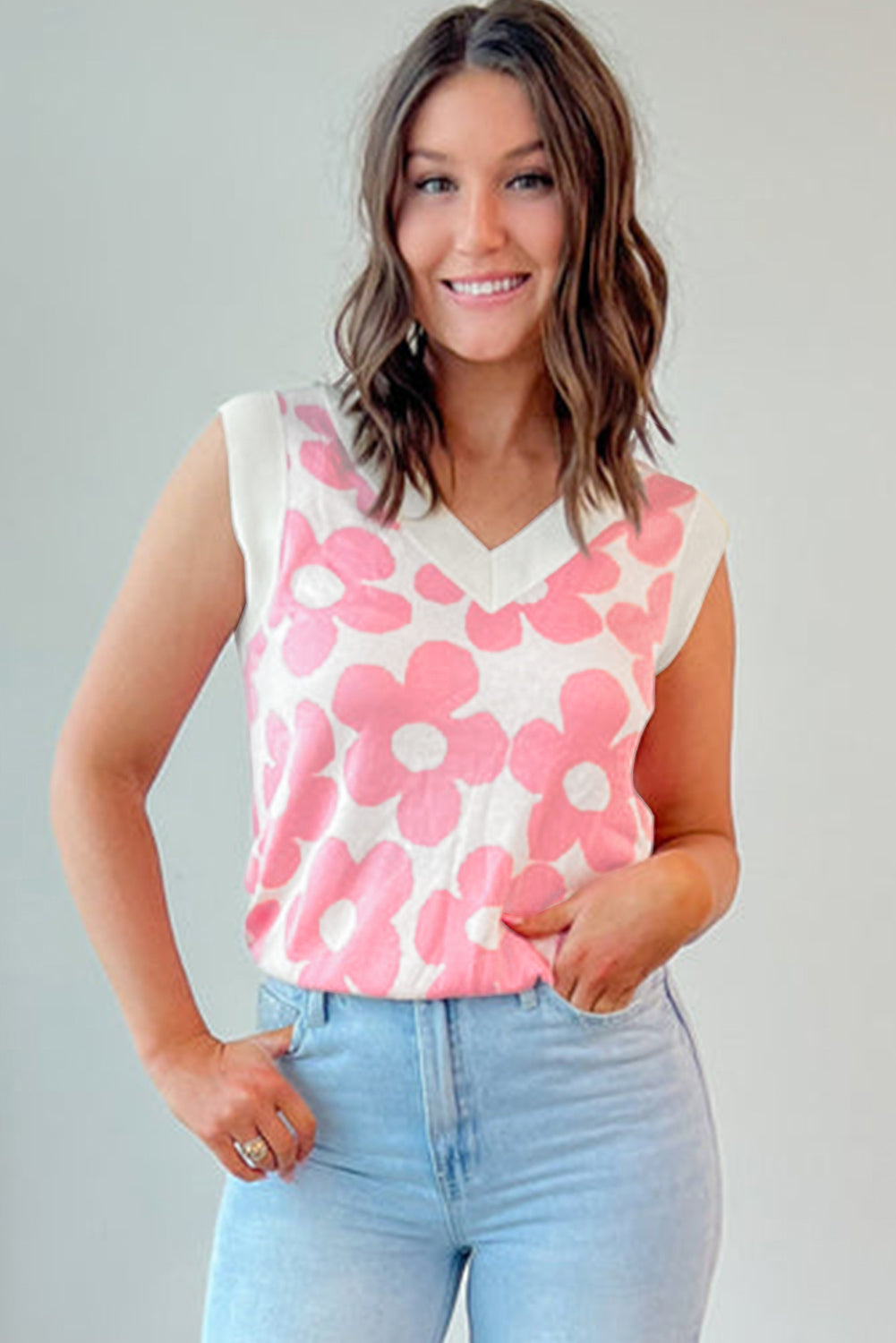 Pink Cute Flower Knitted V Neck Tank Top-Bella Boutique Collective