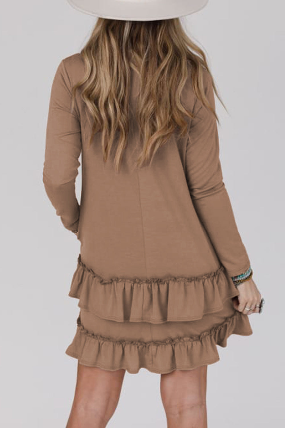 Goat Scoop Neck Tiered Ruffled Hem Long Sleeve Mini Dress-Bella Boutique Collective