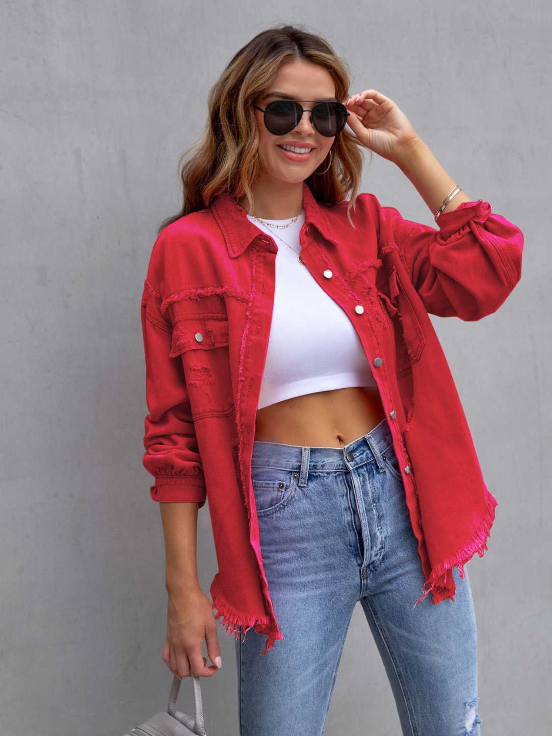 Distressed Drop Shoulder Denim Jacket-Bella Boutique Collective