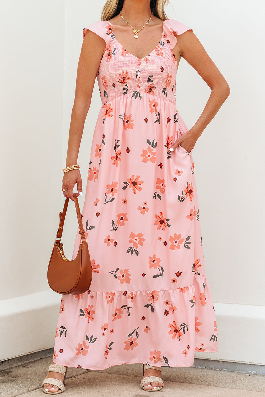 Pink Floral V Neck Smocked High Waist Ruffle Hem Long Dress-Bella Boutique Collective