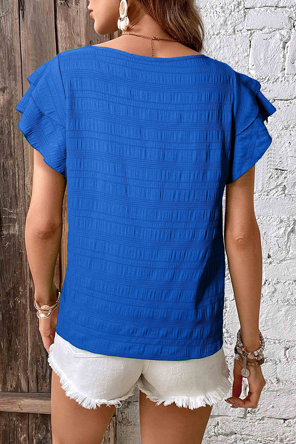 Dark Blue Textured Ruffled Sleeve Round Neck Top-Bella Boutique Collective