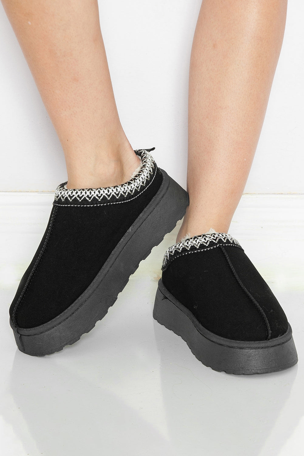 Black Contrast Print Suede Plush Lined Snow Boots-Bella Boutique Collective