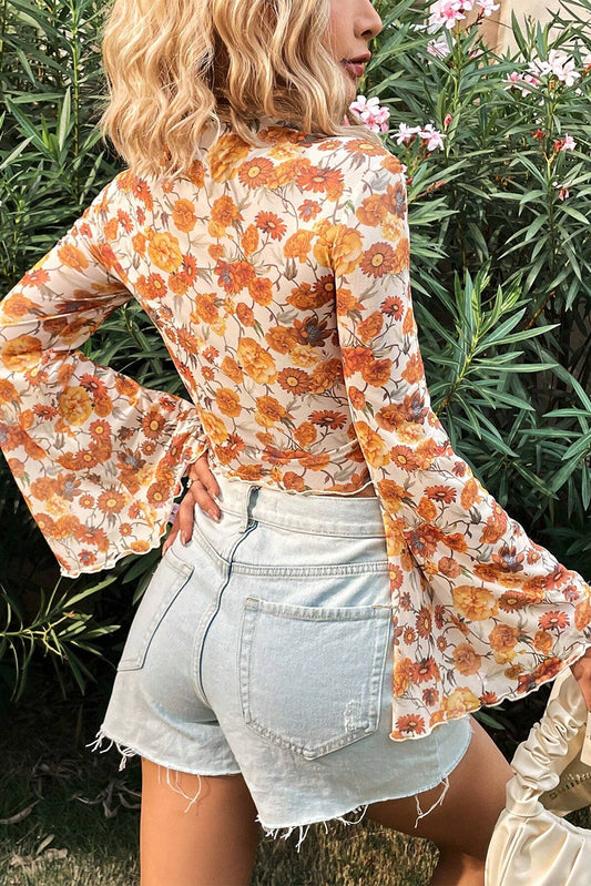 Orange Floral Printed Bell Sleeve Mock Neck Scallop Trim Blouse-Bella Boutique Collective