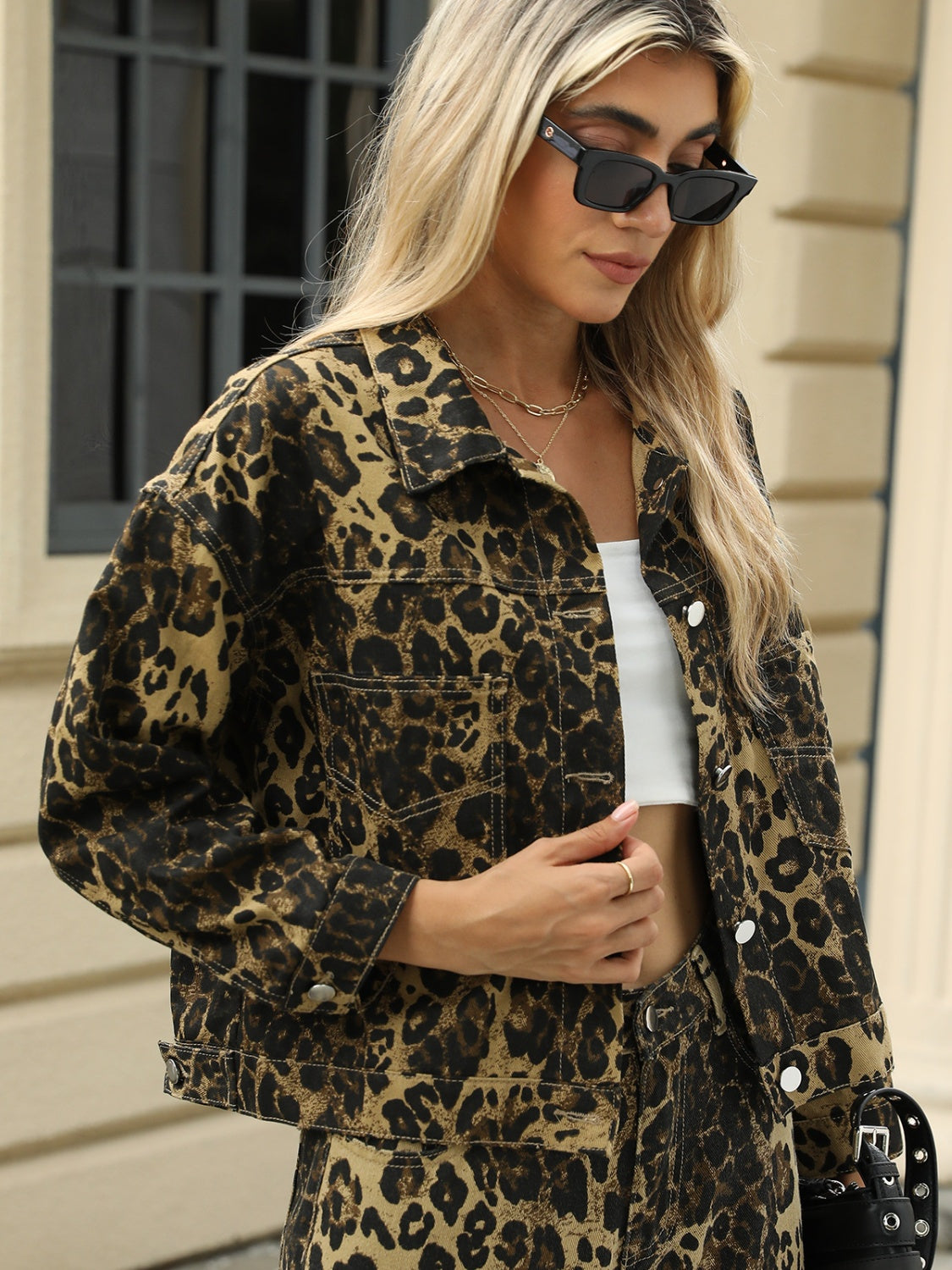 Pocketed Leopard Long Sleeve Denim Jacket-Bella Boutique Collective