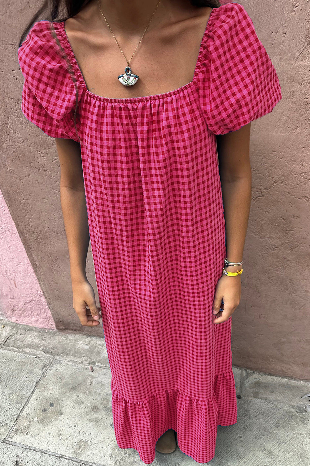Rose Ginham Check Bubble Sleeve Ruffled Maxi Dress-Bella Boutique Collective
