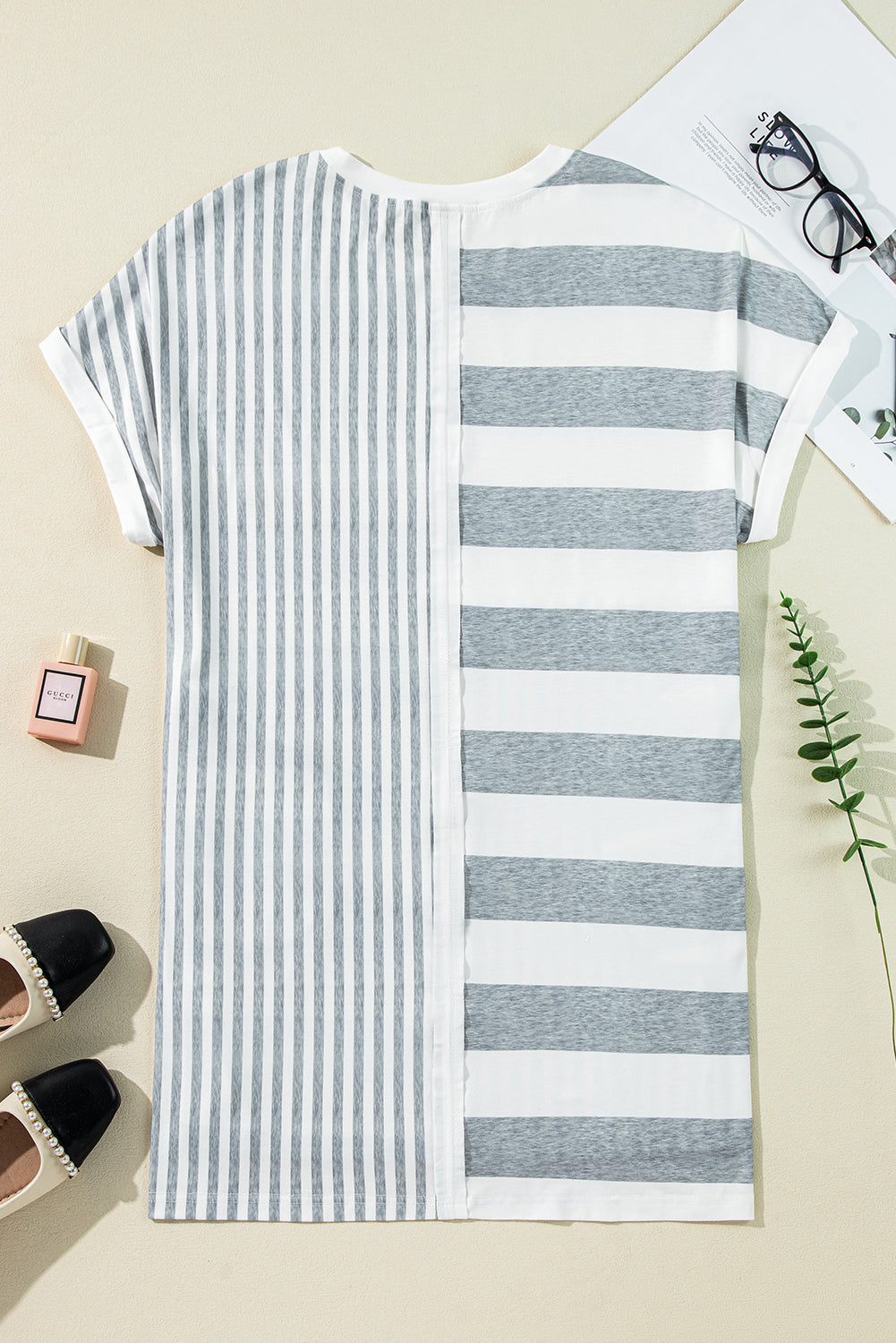 Gray Stripe Mixed Printed Short Sleeve Shift Mini T Shirt Dress-Bella Boutique Collective