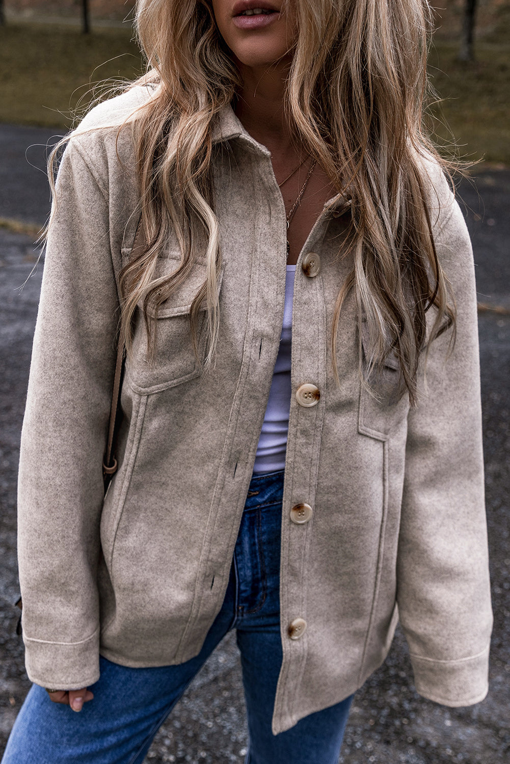 Light Grey Turn Down Collar Flap Pockets Buttoned Shacket-Bella Boutique Collective