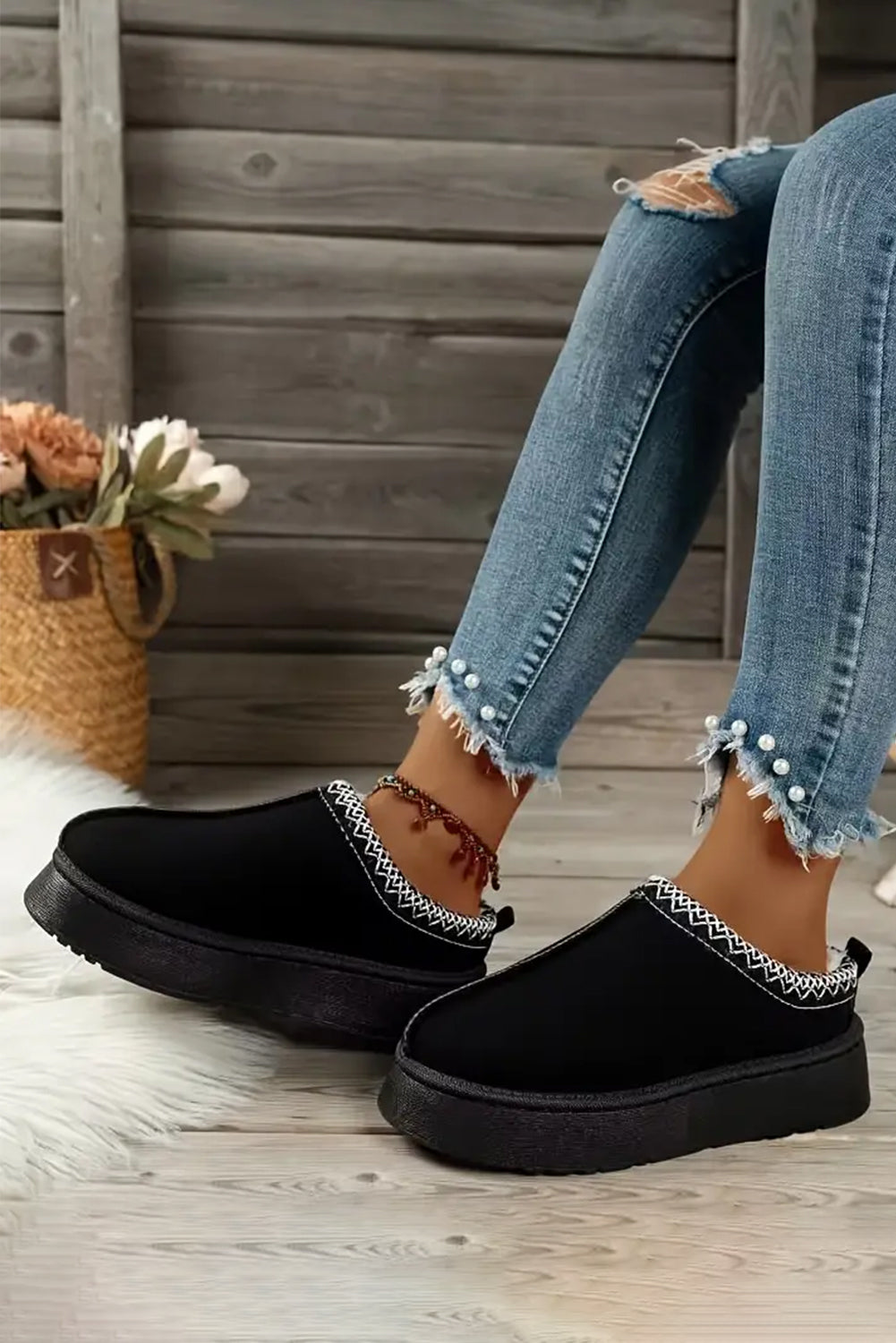 Black Contrast Print Suede Plush Lined Snow Boots-Bella Boutique Collective