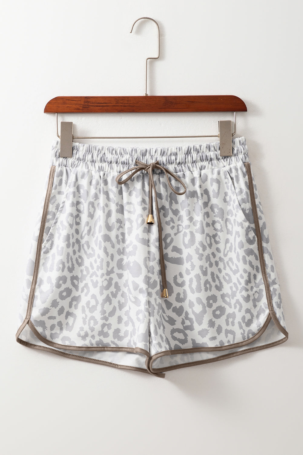 White Leopard Elastic Waist Lace up Contrast Trim Casual Shorts-Bella Boutique Collective