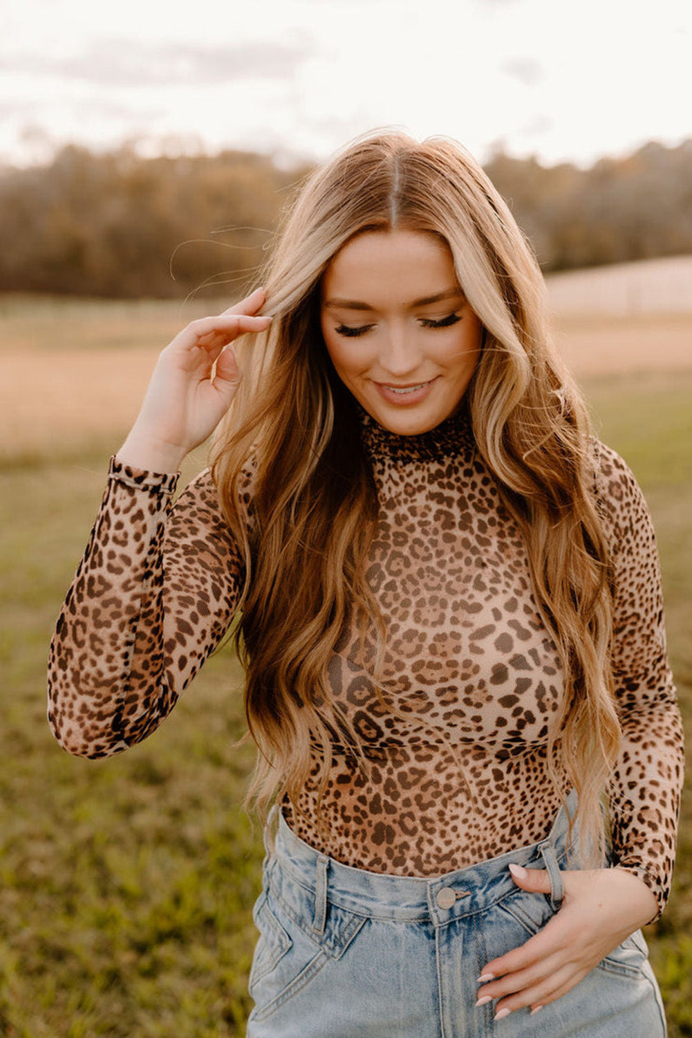 Brown Leopard Smocked Neck Mesh Long Sleeve Bodysuit-Bella Boutique Collective