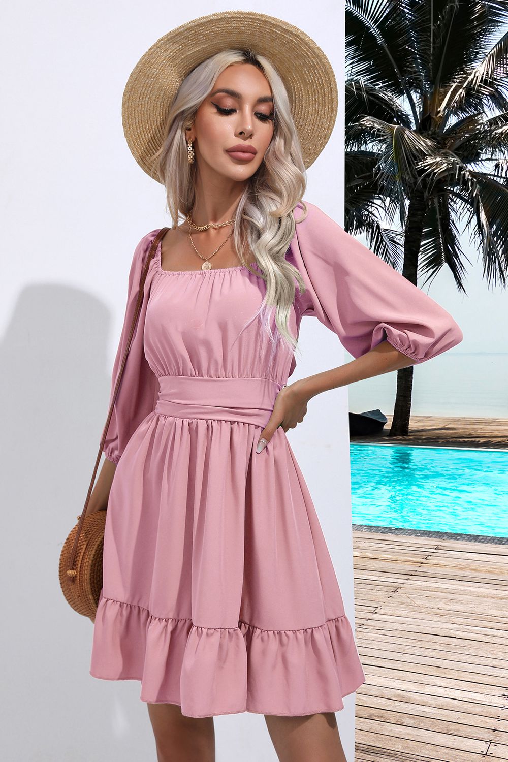 Square Neck Tie Back Ruffle Hem Dress-Bella Boutique Collective