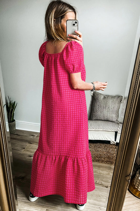 Rose Ginham Check Bubble Sleeve Ruffled Maxi Dress-Bella Boutique Collective