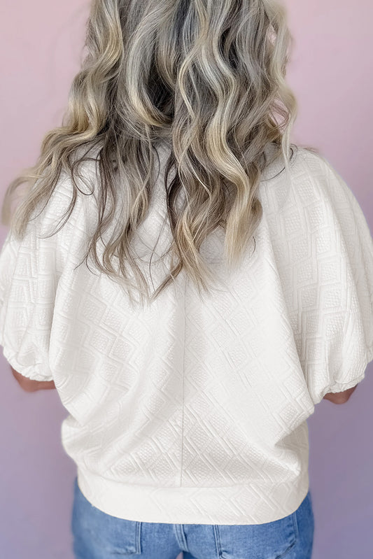 White Contrast Striped Collar Patchwork Textured Half Sleeve Blouse-Bella Boutique Collective