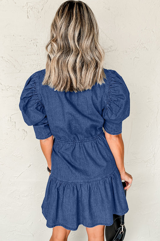 Blue Drawstring High Waist Puff Sleeve Denim Mini Dress-Bella Boutique Collective