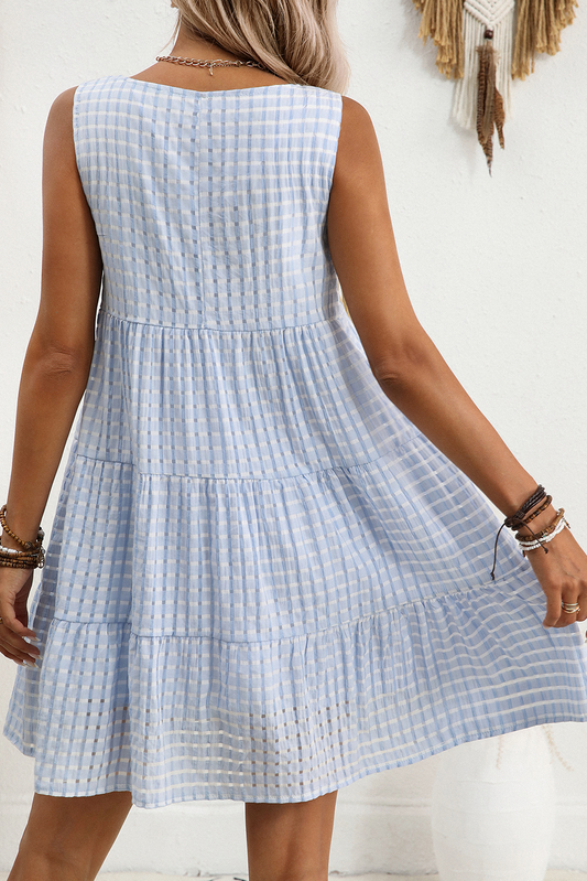 Light Blue Plaid Tiered A-line Sleeveless Mini Sundress-Bella Boutique Collective