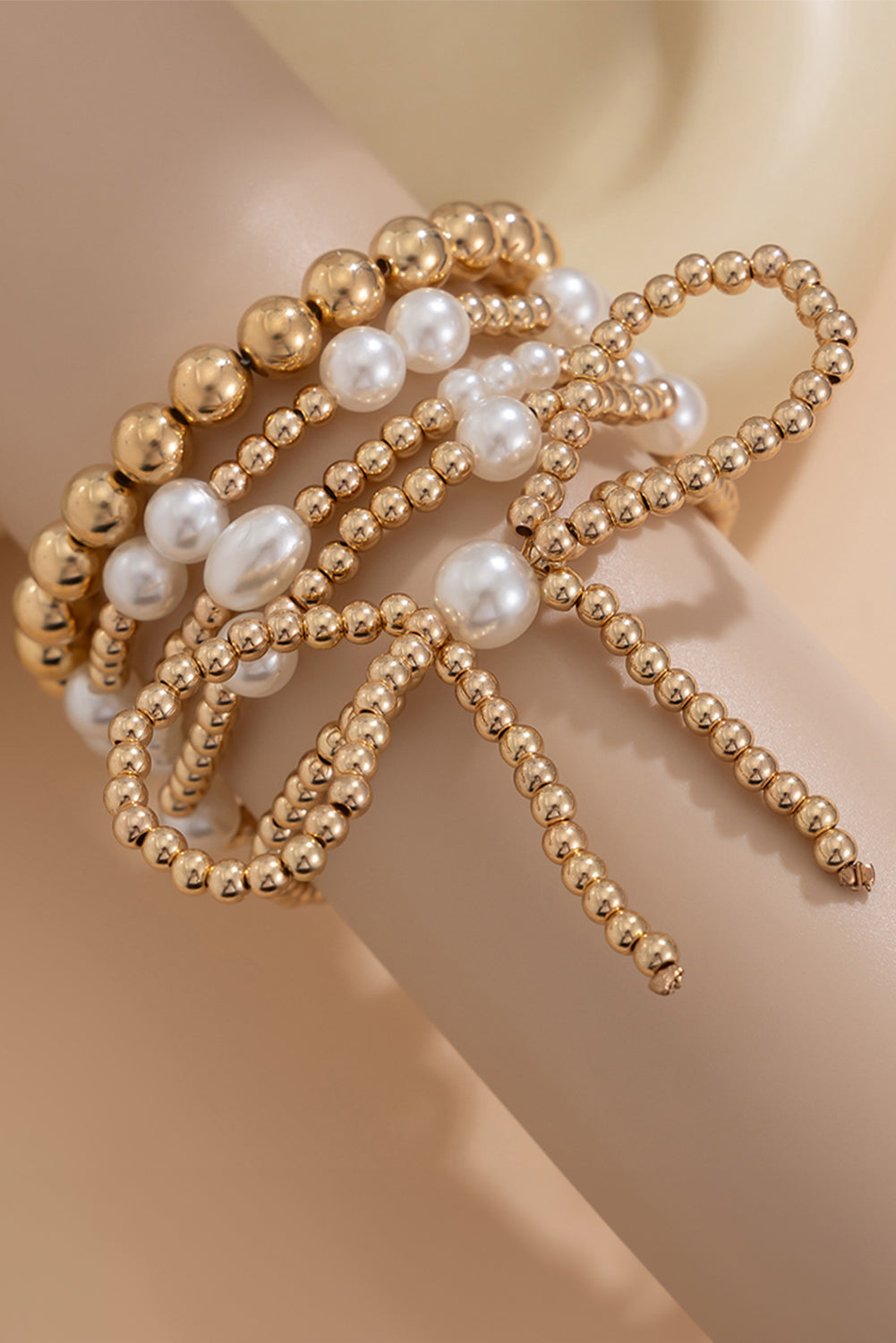 Gold Bow Knot Pearl Beaded Multi Layered Bracelet Set-Bella Boutique Collective