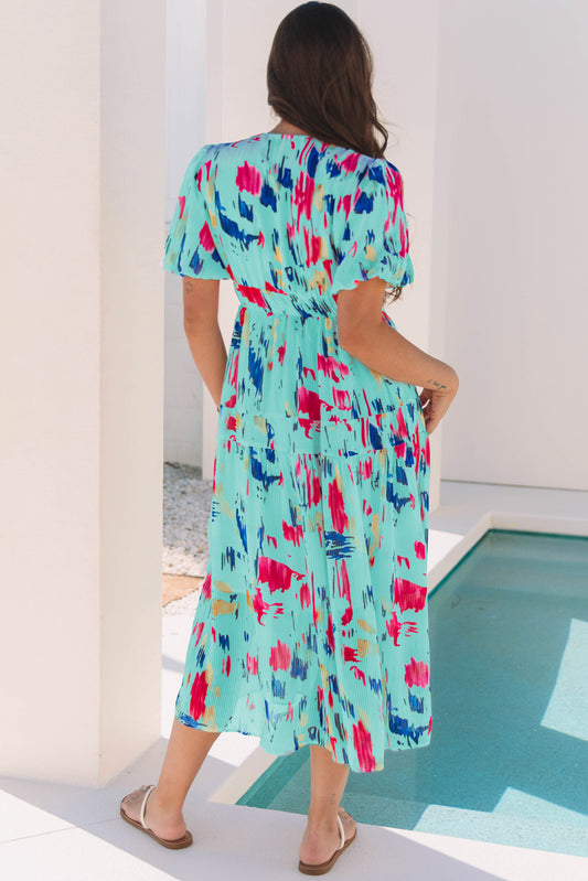 Sky Blue Abstract Print Short Puff Sleeve Tiered Maxi Dress-Bella Boutique Collective