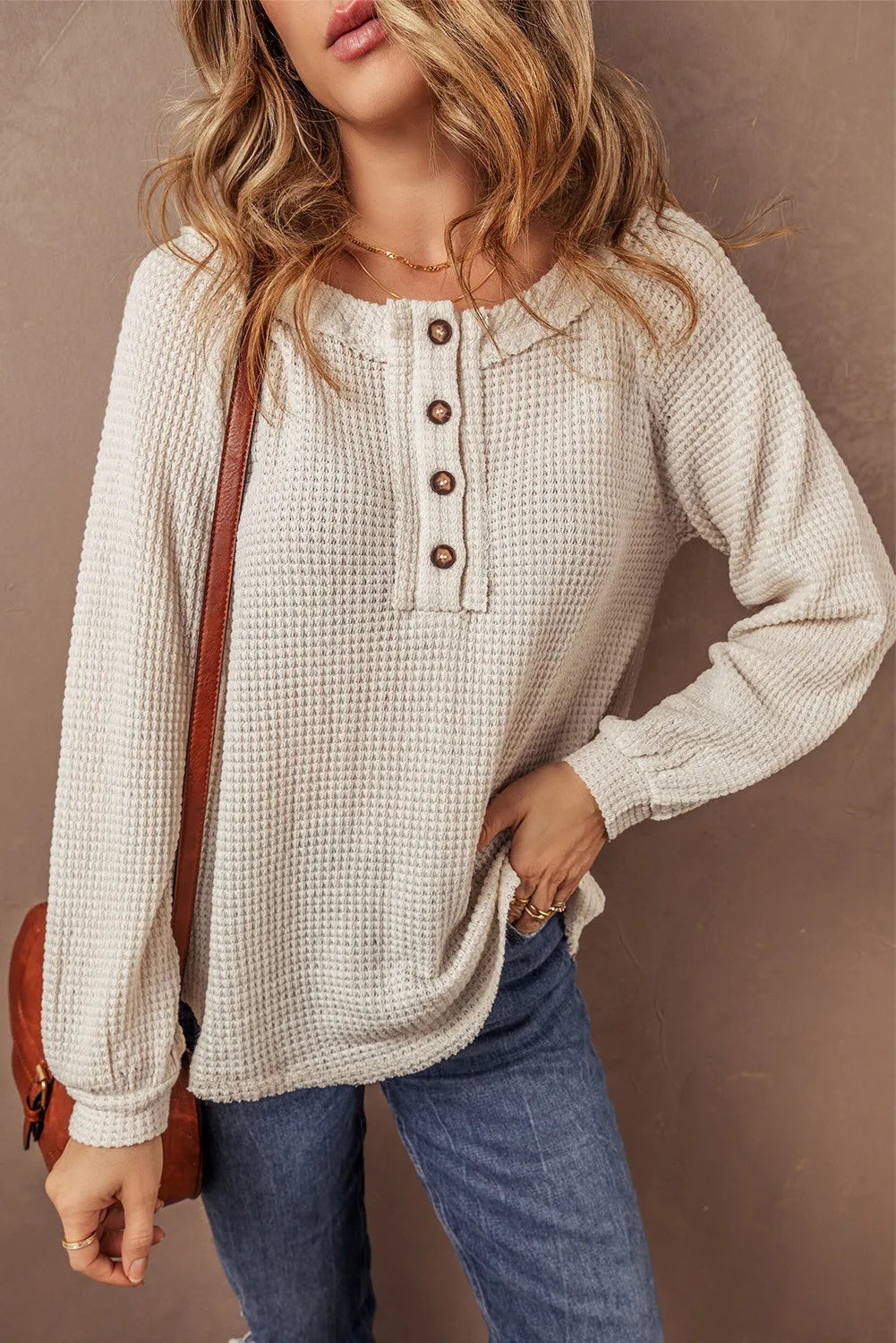 Waffle-Knit Half Button Round Neck Long Sleeve Top-Bella Boutique Collective