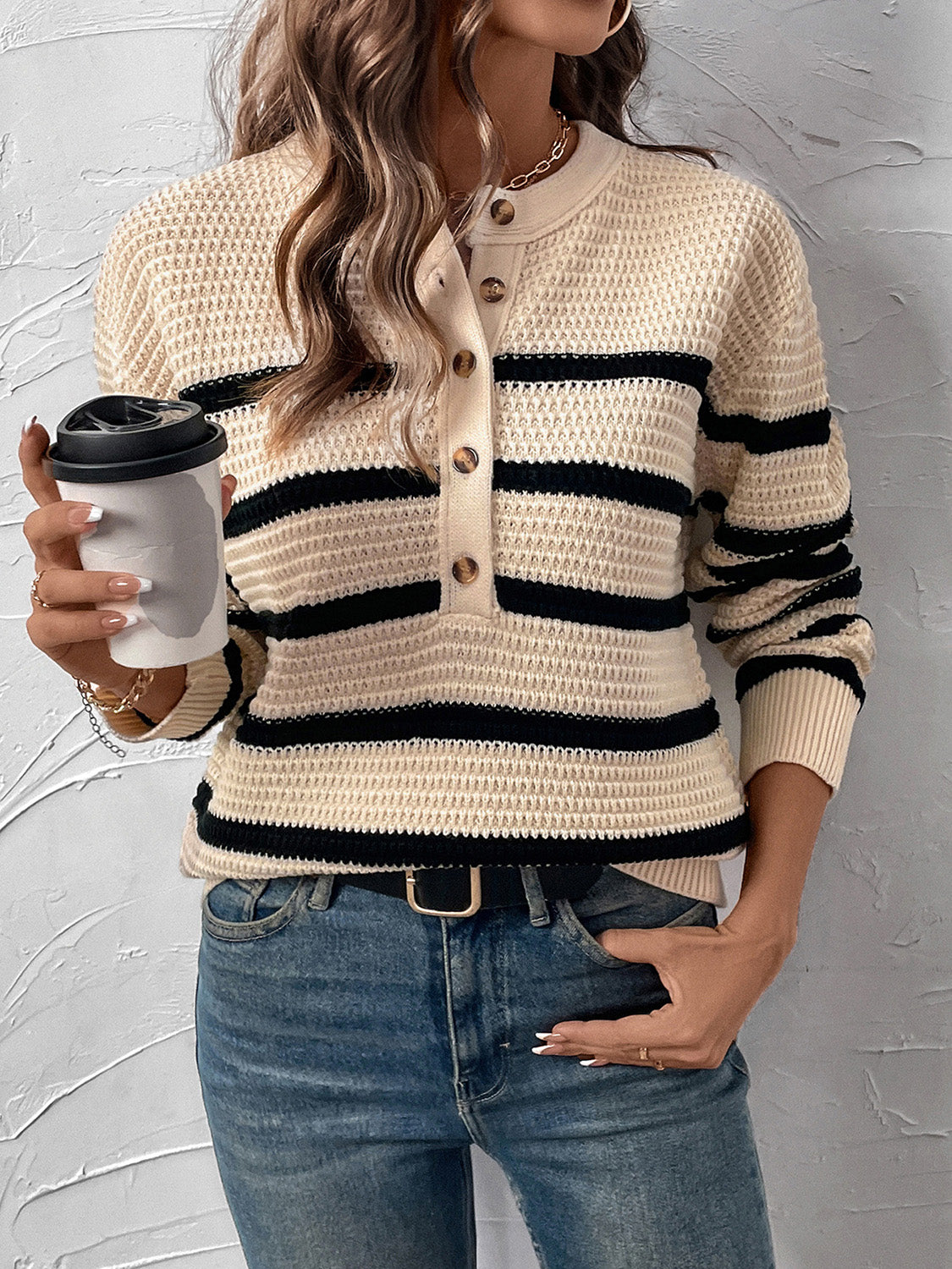 Perfee Striped Half Button Long Sleeve Sweater-Bella Boutique Collective