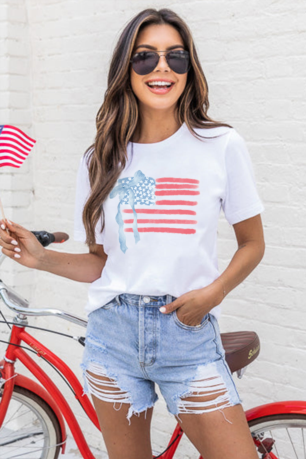 White American Flag Bow Knot Print Crew Neck T Shirt-Bella Boutique Collective