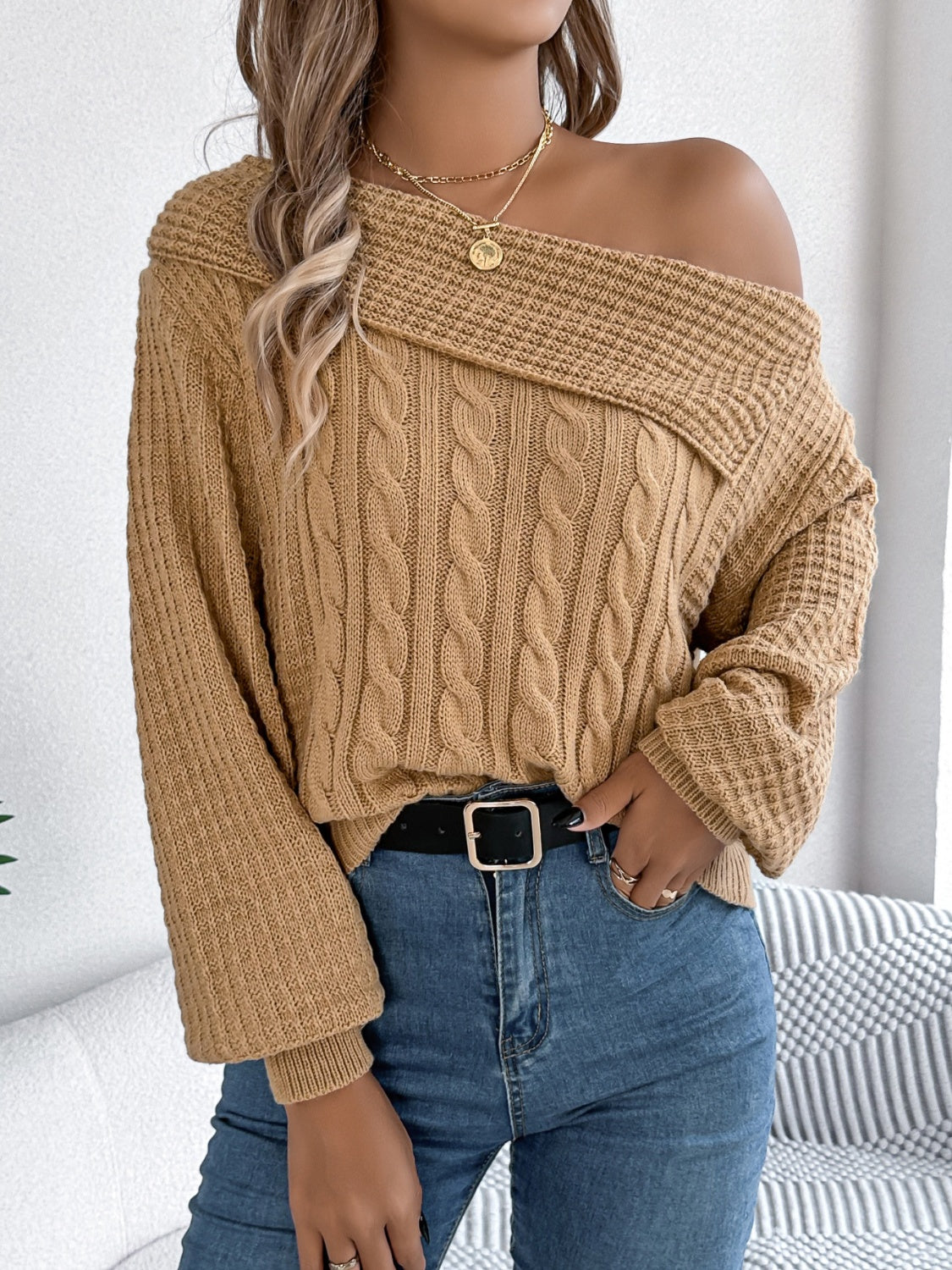 Cable-Knit One Shoulder Long Sleeve Sweater-Bella Boutique Collective