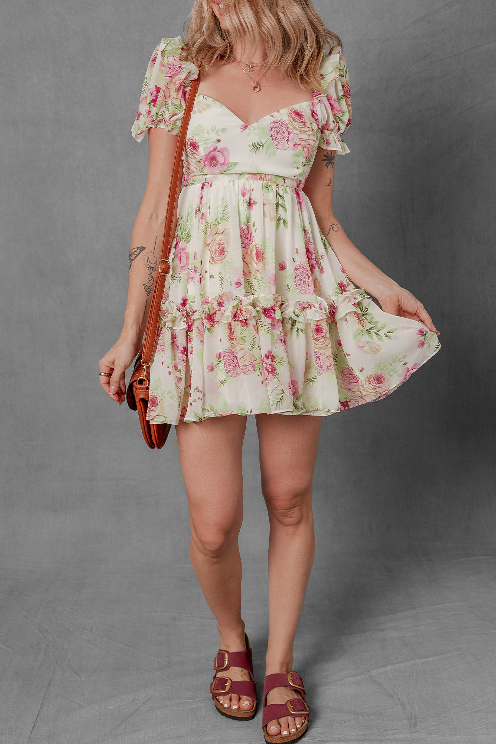 White Vibrant Floral Bubble Sleeve Sweetheart Neck Ruffle Mini Dress-Bella Boutique Collective