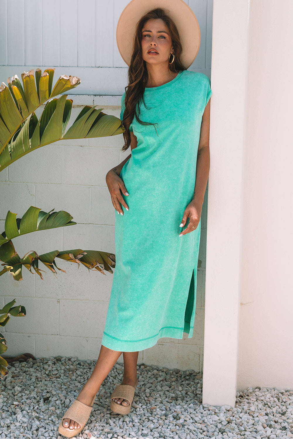 Clearly Aqua Mineral Wash Pocketed T-shirt Long Dress-Bella Boutique Collective