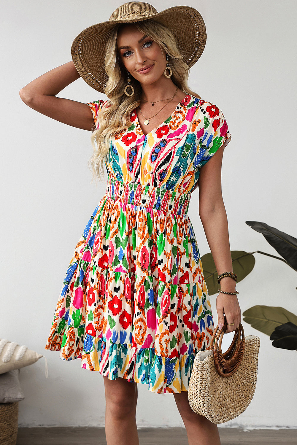 Sky Blue Abstract Print V Neck Dolman Sleeve Ruffle Tiered Mini Dress-Bella Boutique Collective