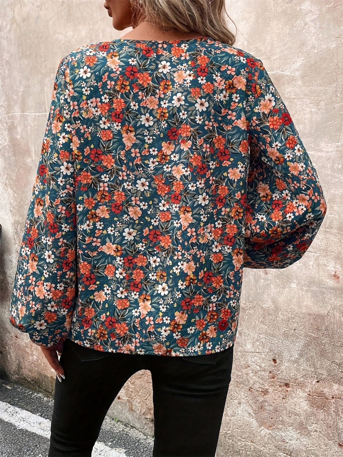 Printed V-Neck Balloon Sleeve Blouse-Bella Boutique Collective