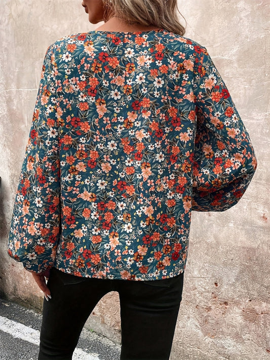 Printed V-Neck Balloon Sleeve Blouse-Bella Boutique Collective