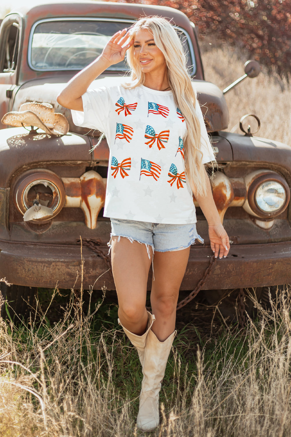 Khaki Patriotic Flag Bow Graphic Starry Round Neck T Shirt-Bella Boutique Collective
