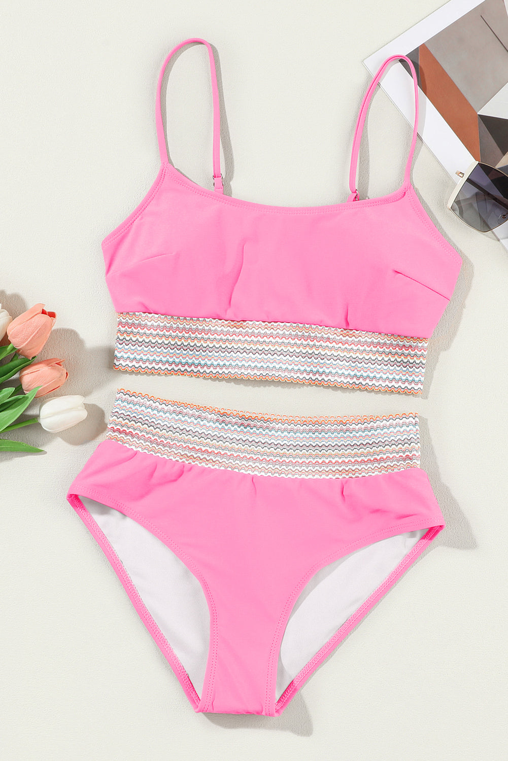 Bonbon Striped Patchwork Spaghetti Strap High Waist Bikini Swimsuit-Bella Boutique Collective