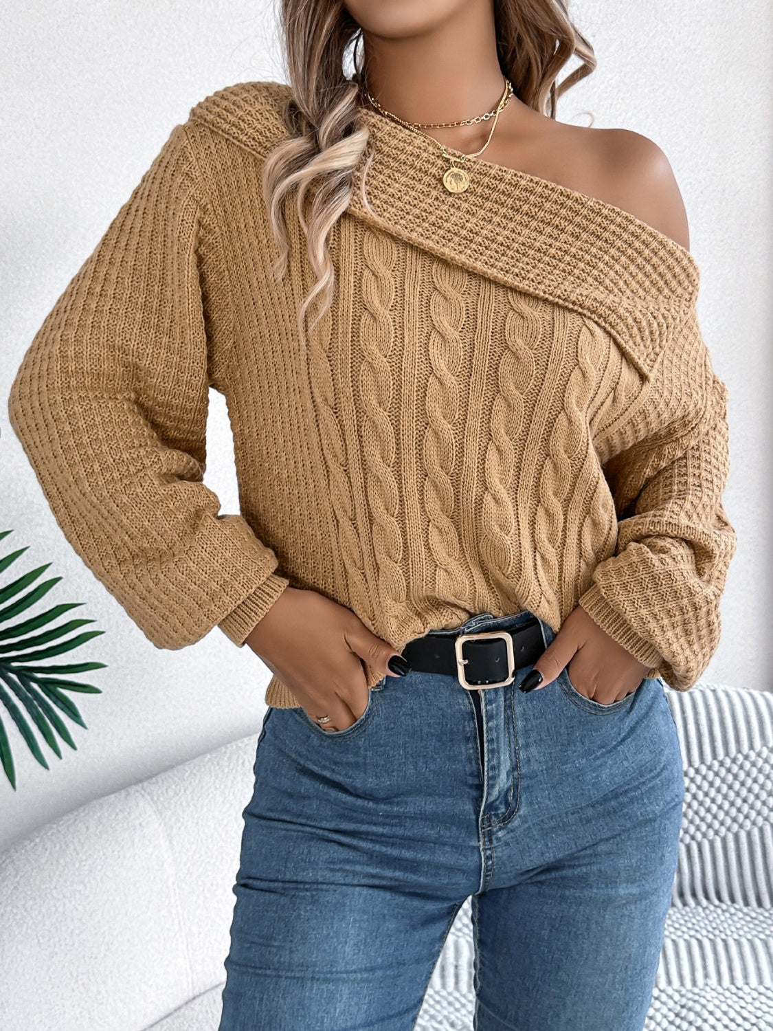 Cable-Knit One Shoulder Long Sleeve Sweater-Bella Boutique Collective