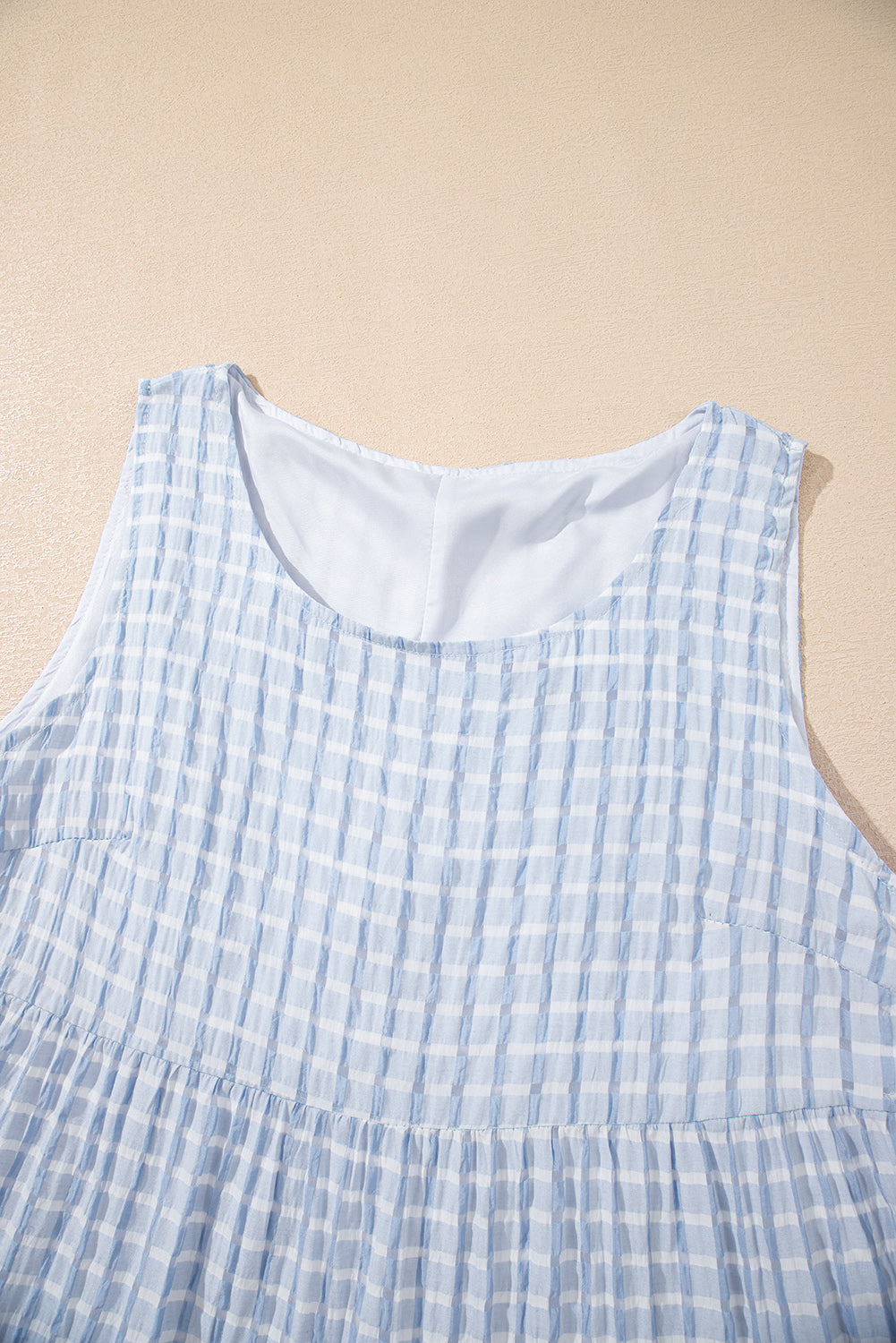 Light Blue Plaid Tiered A-line Sleeveless Mini Sundress-Bella Boutique Collective
