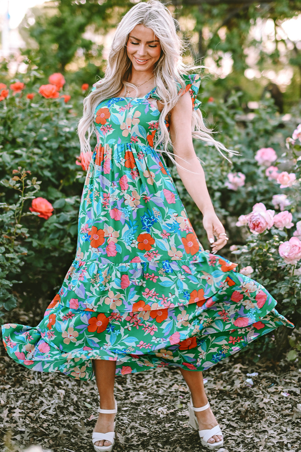 Green Floral Print Sleeveless Ruffle Tiered Maxi Dress-Bella Boutique Collective