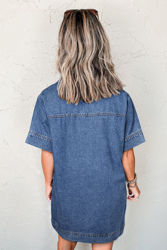 Blue Short Sleeve Collared Patched Pocket Denim Mini Dress-Bella Boutique Collective