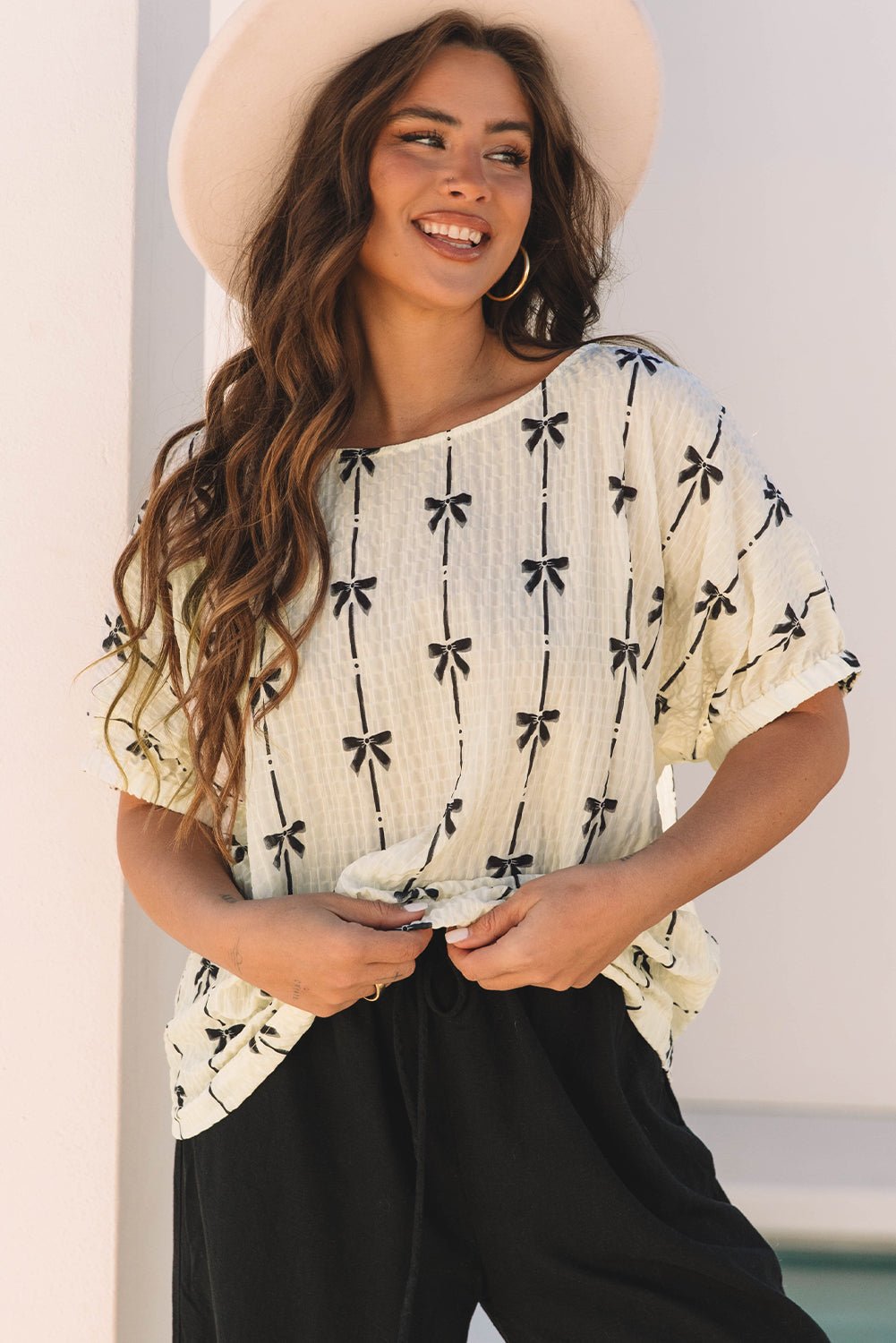 Beige Bow Print Puff Short Sleeve Top-Bella Boutique Collective