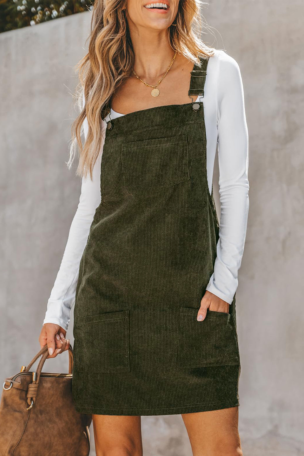 Vineyard Green Solid Front Pockets Sleeveless Corduroy Overall Dress-Bella Boutique Collective