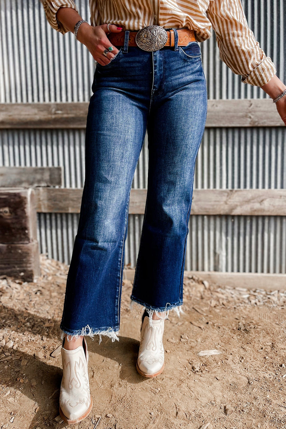 Sail Blue Mineral Wash Raw Hem High Waist Flared Jeans-Bella Boutique Collective