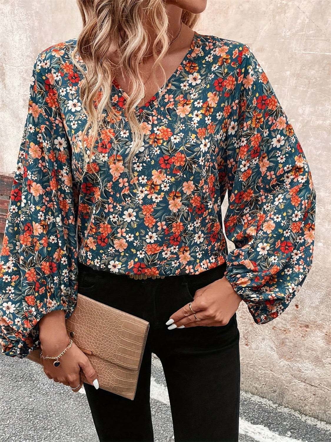 Printed V-Neck Balloon Sleeve Blouse-Bella Boutique Collective