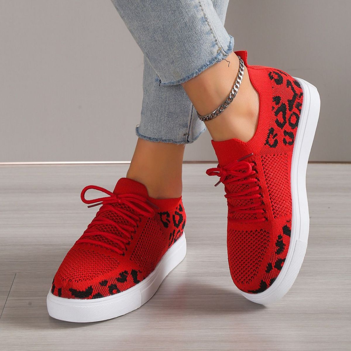Lace-Up Leopard Flat Sneakers-Bella Boutique Collective