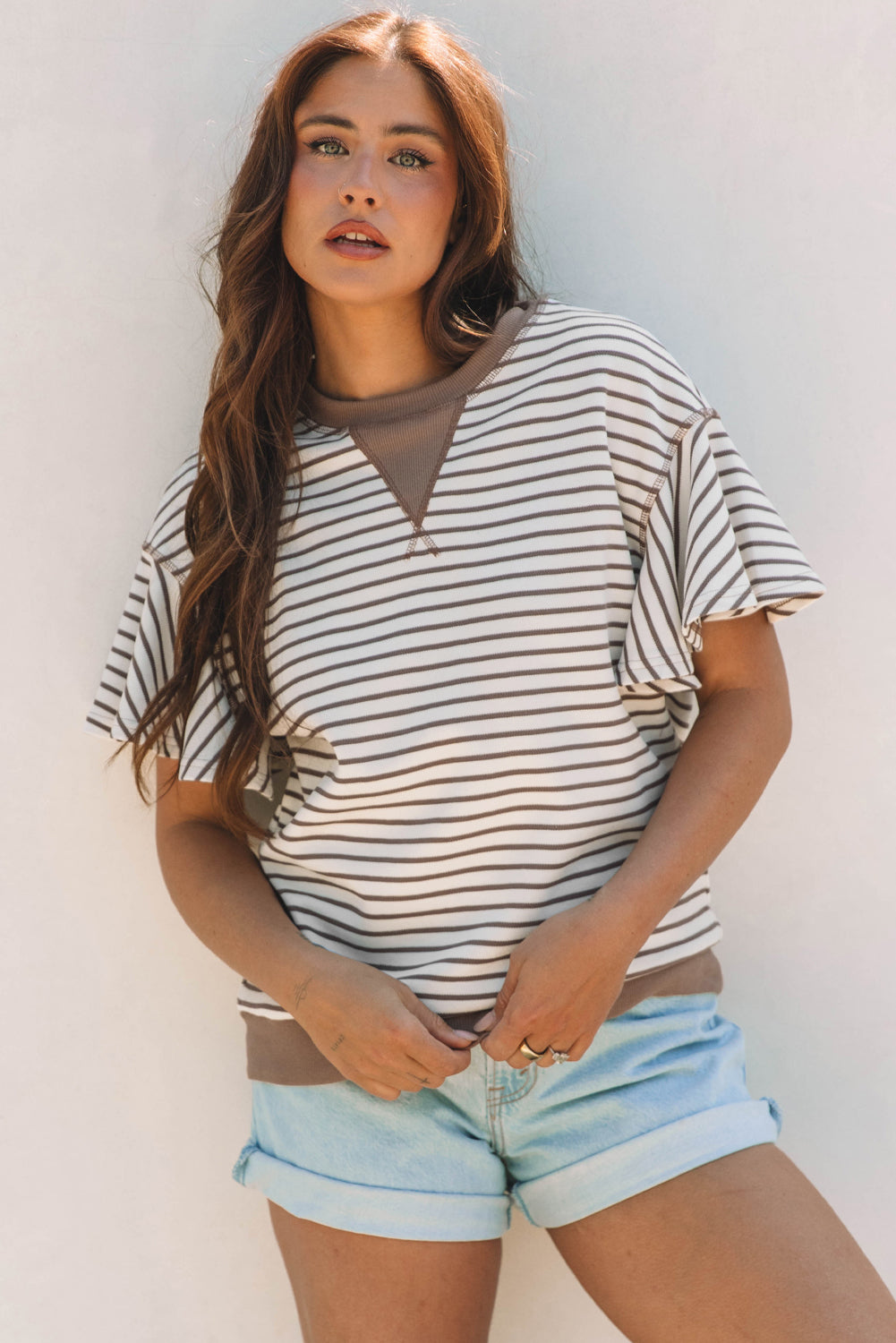 Parchment Contrast Detail Striped Ruffle Short Sleeve Top-Bella Boutique Collective