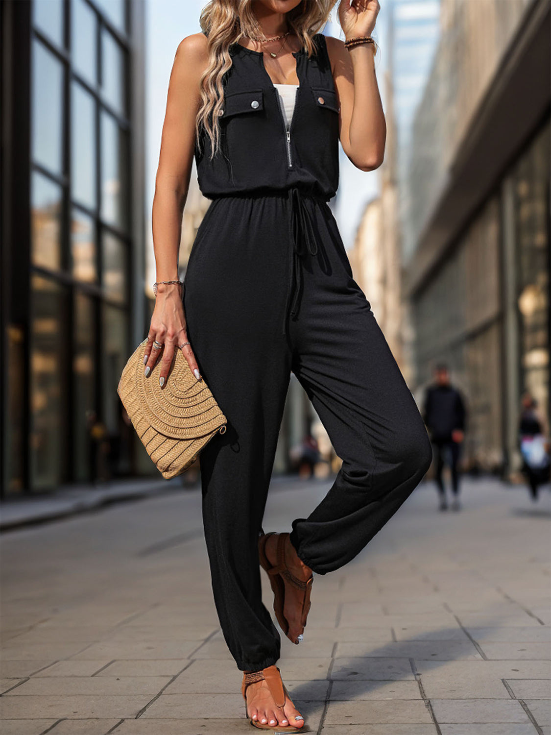 Perfee Half Zip Sleeveless Jumpsuit with Pockets-Bella Boutique Collective