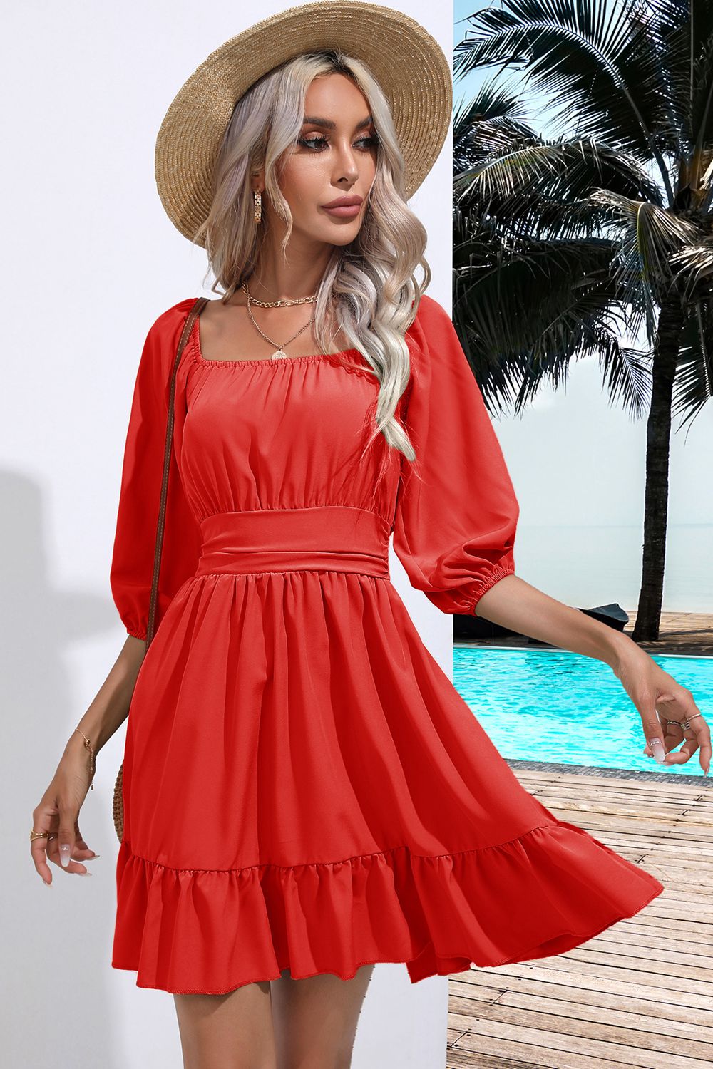 Square Neck Tie Back Ruffle Hem Dress-Bella Boutique Collective