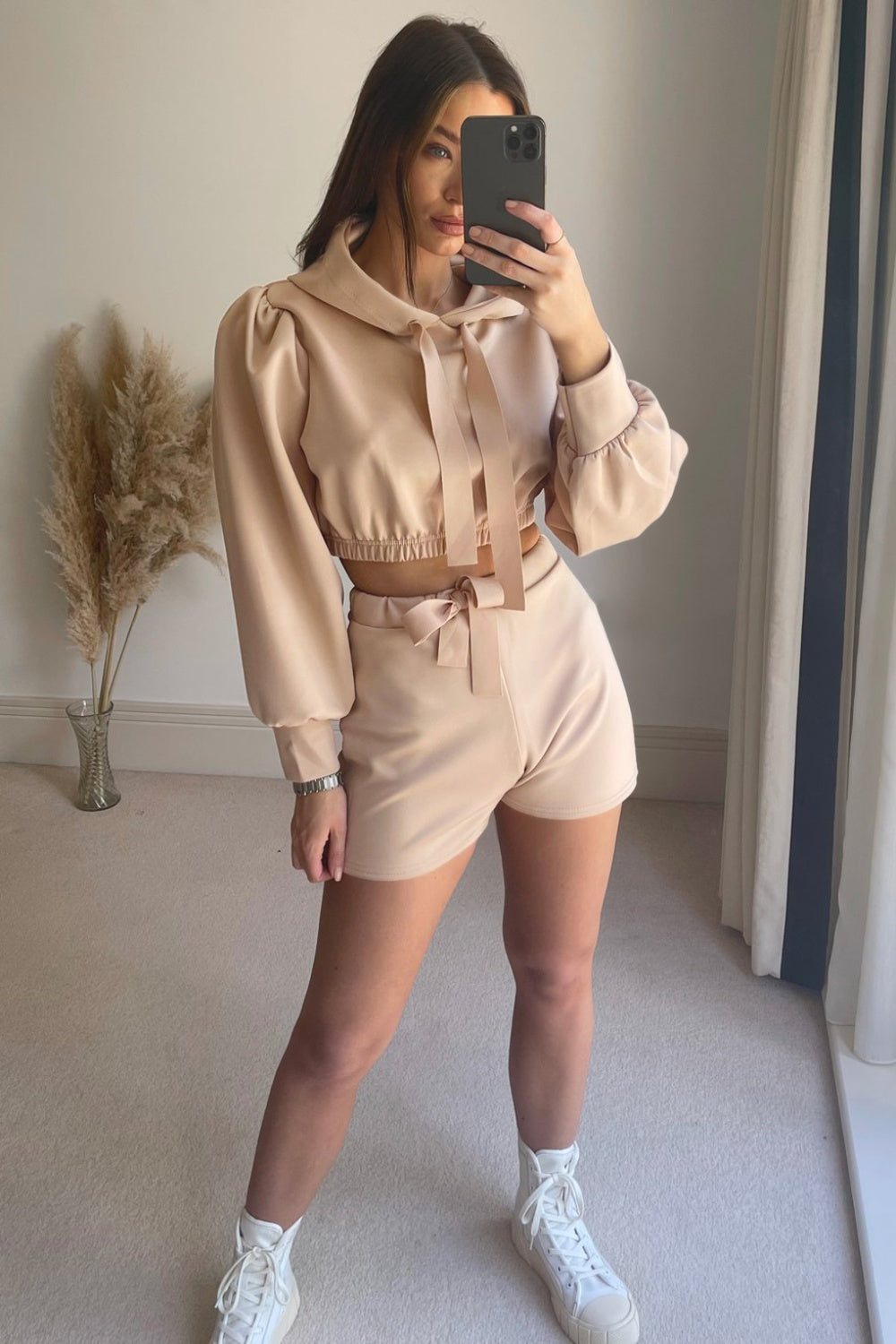Drawstring Long Sleeve Hooded Top and Shorts Set-Bella Boutique Collective