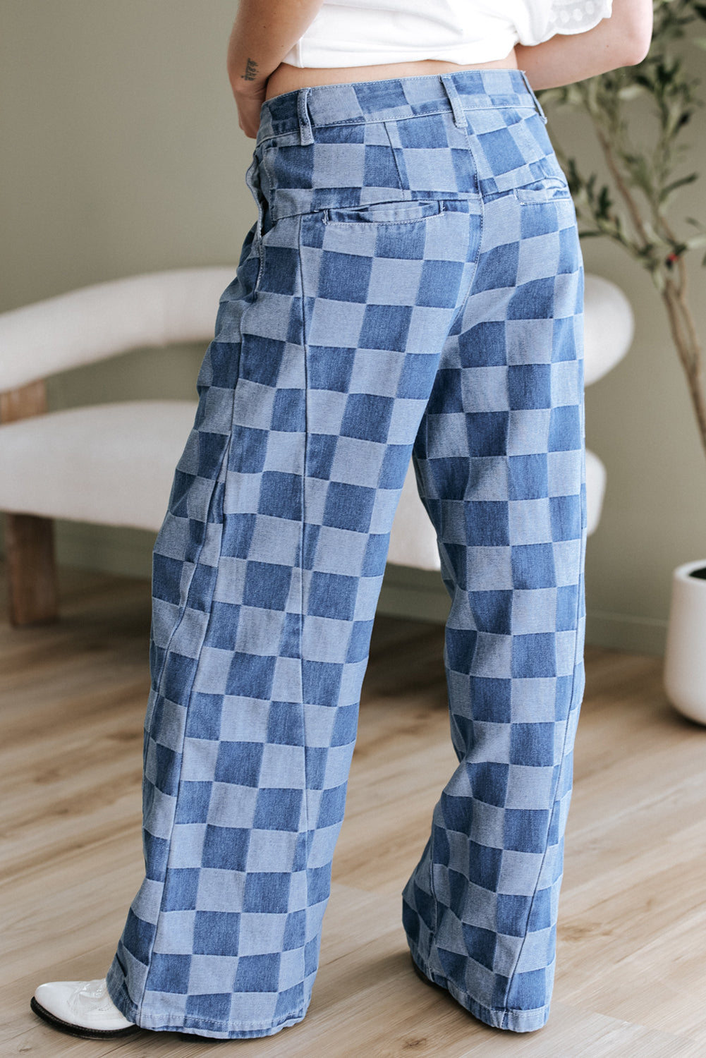 Dusk Blue Checkered Denim Wide Leg Jeans-Bella Boutique Collective