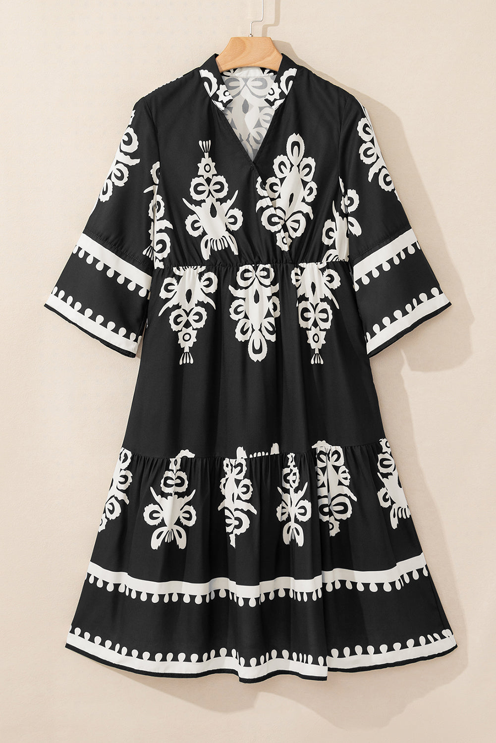 Black Western Geometric Print 3/4 Sleeve Loose Midi Dress-Bella Boutique Collective
